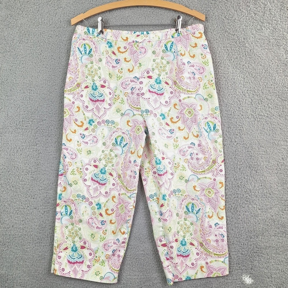Briggs New York Cropped Pants Womens 16 White Pink Blue Paisley Floral Capri